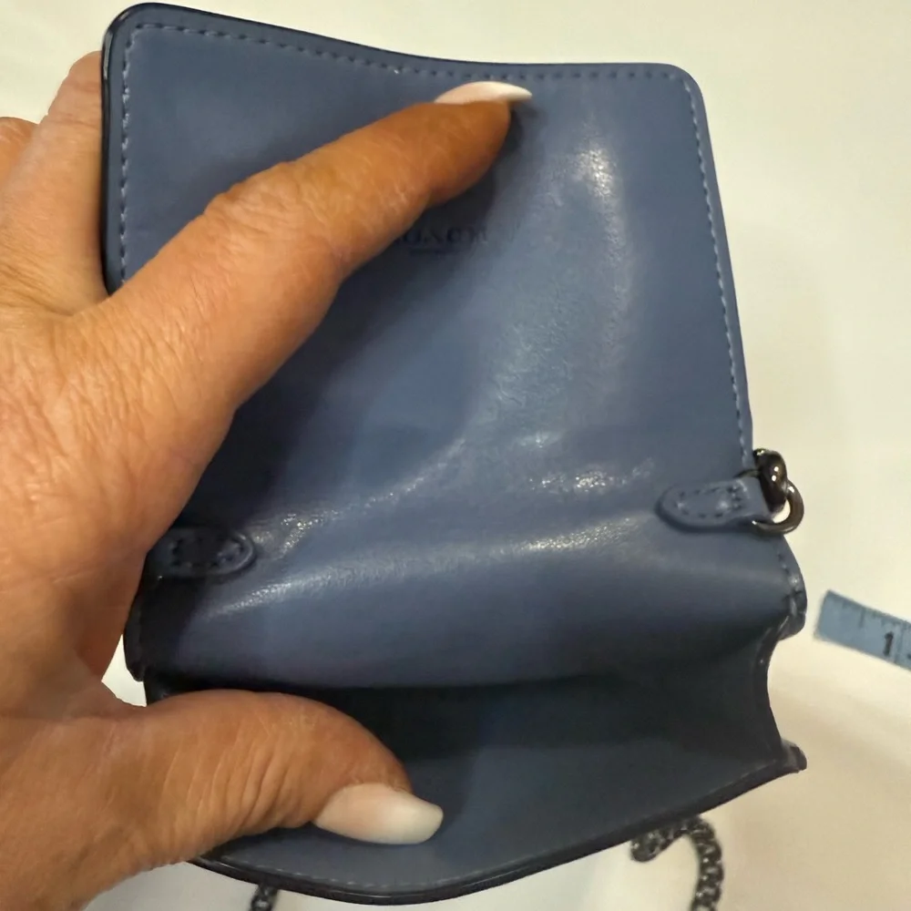 Coach Blue Leather Crossbody Phone Pouch with gunmetal gray Chain Strap